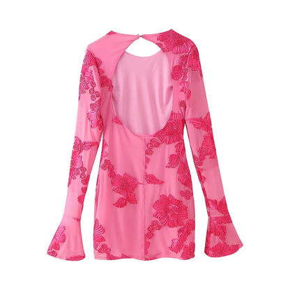 Fall round Neck Back Hollow Out Cutout out Three Dimensional Plate Floral Long Sleeve Backless Dress