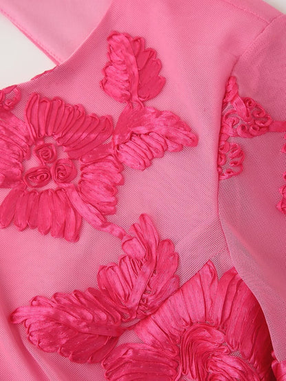 Fall round Neck Back Hollow Out Cutout out Three Dimensional Plate Floral Long Sleeve Backless Dress