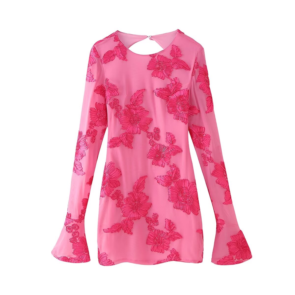 Fall round Neck Back Hollow Out Cutout out Three Dimensional Plate Floral Long Sleeve Backless Dress