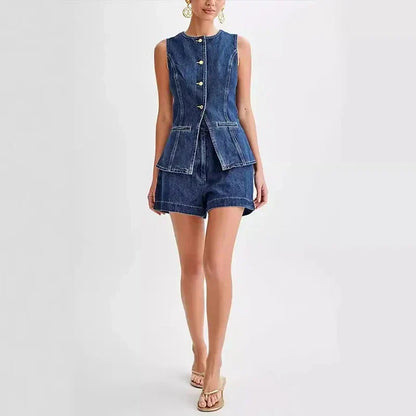 Denim O-neck Sleeveless Shorts Office Two Piece Set