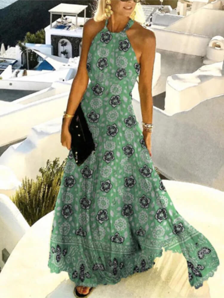 Halter Neck Mosaic Mandala Border Print Accordion Pleat Maxi Dress