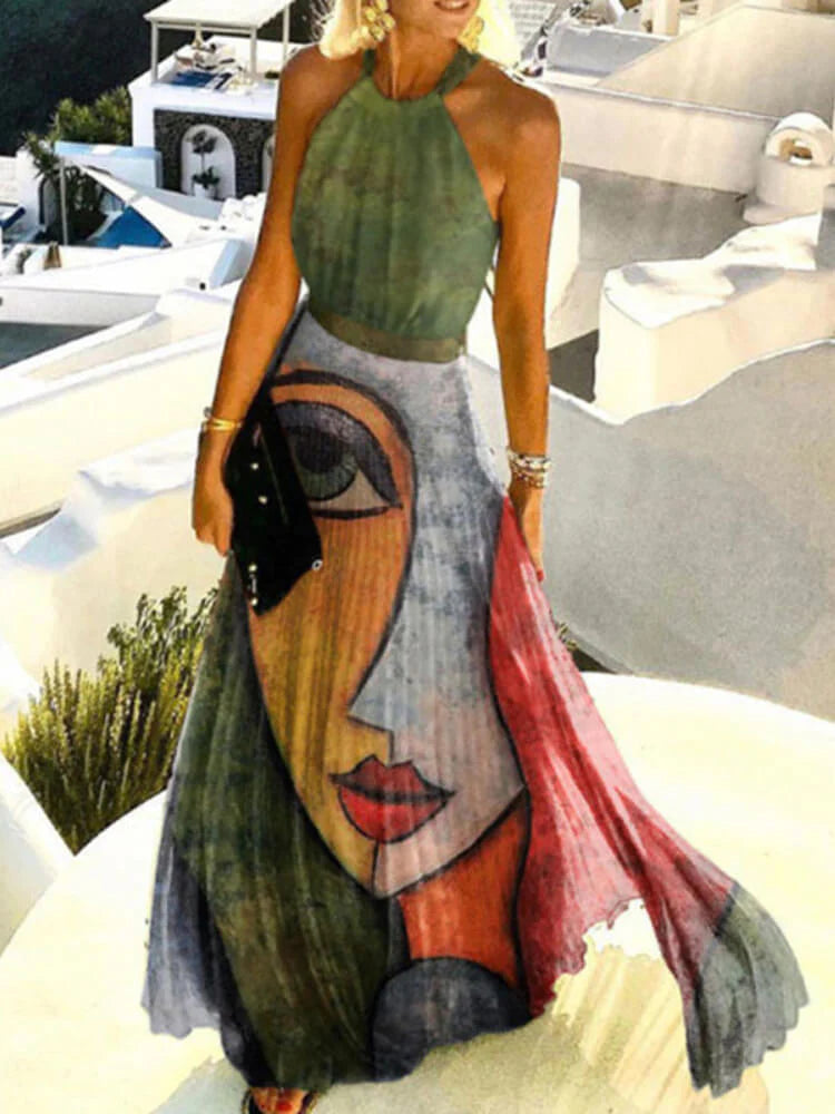 Halter Neck Boho Paisley Print Pleated Flowy Maxi Dress