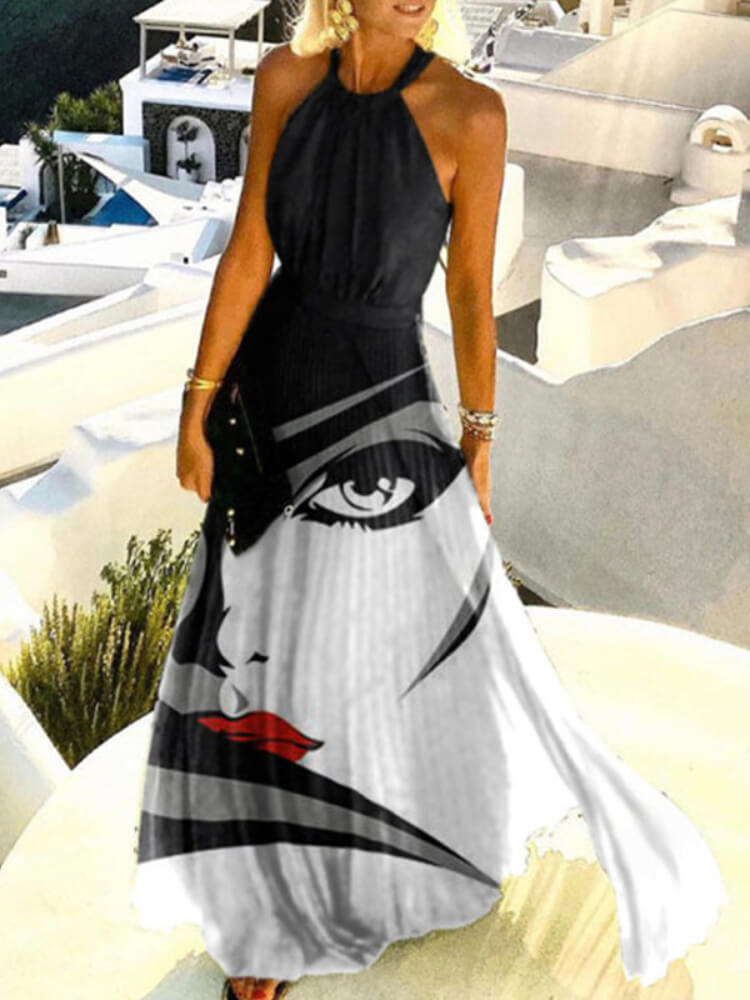 Halter Neck Boho Paisley Print Pleated Flowy Maxi Dress