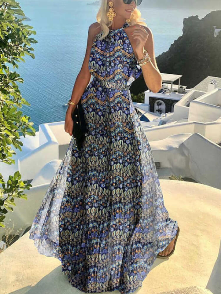 Halter Neck Boho Paisley Print Pleated Flowy Maxi Dress