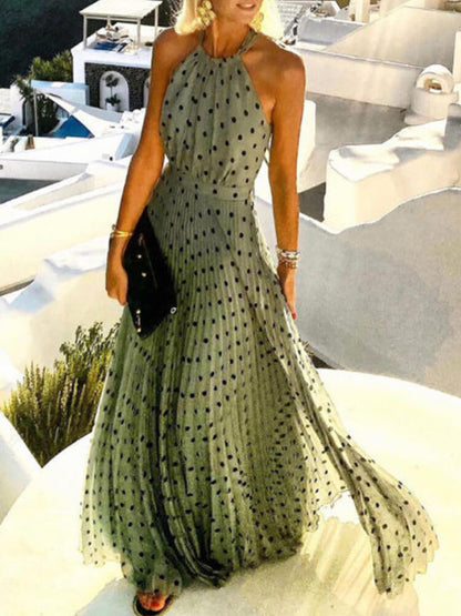 Halter Neck Boho Paisley Print Pleated Flowy Maxi Dress