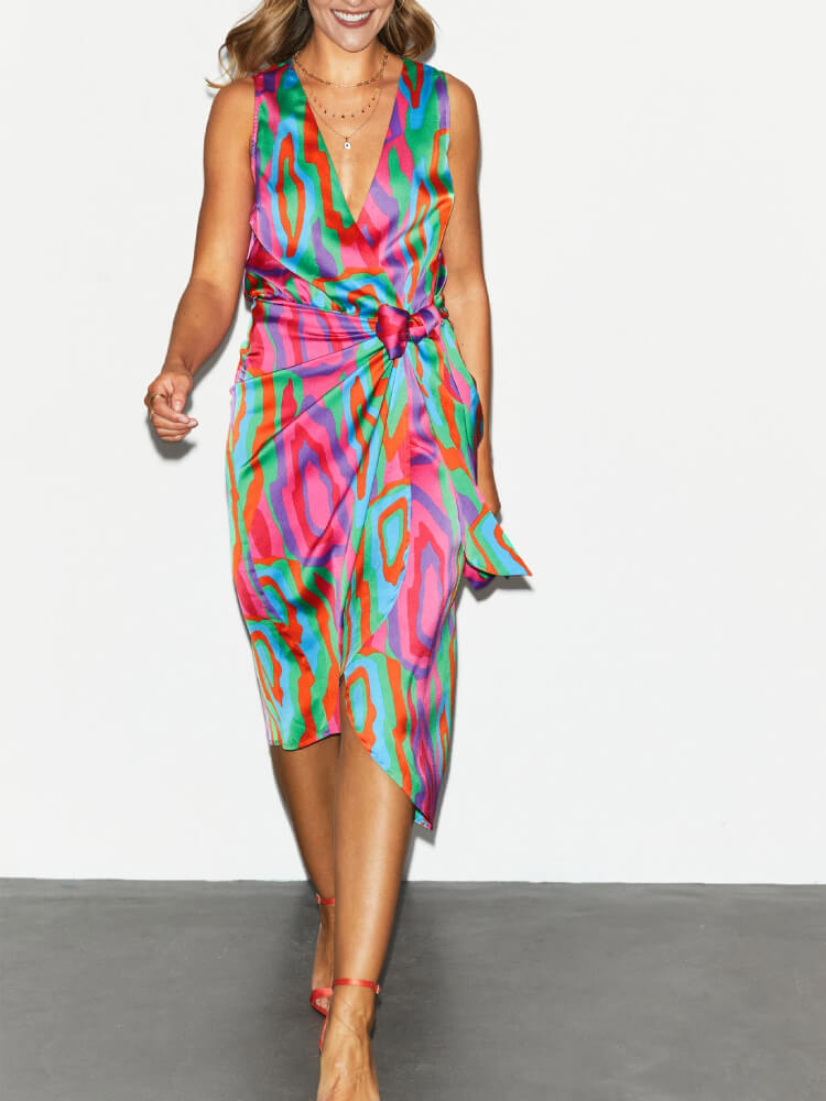 Deep V Neck Knot Waist Abstract Print Wrap Midi Dress