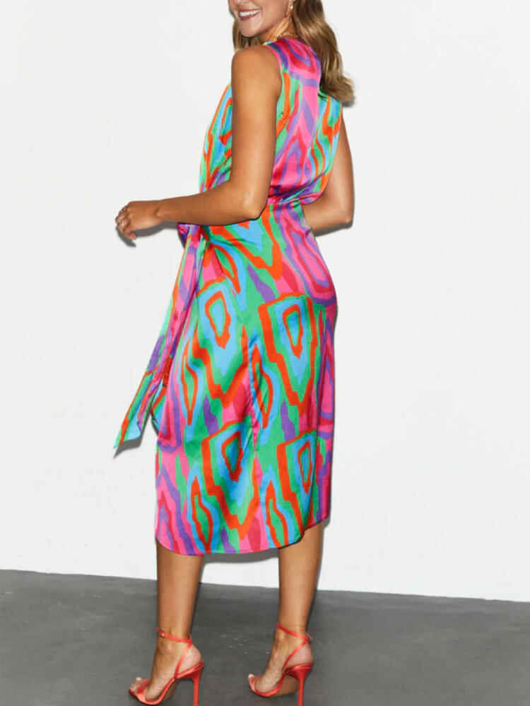 Deep V Neck Knot Waist Abstract Print Wrap Midi Dress