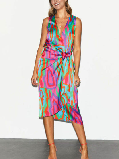 Deep V Neck Knot Waist Abstract Print Wrap Midi Dress