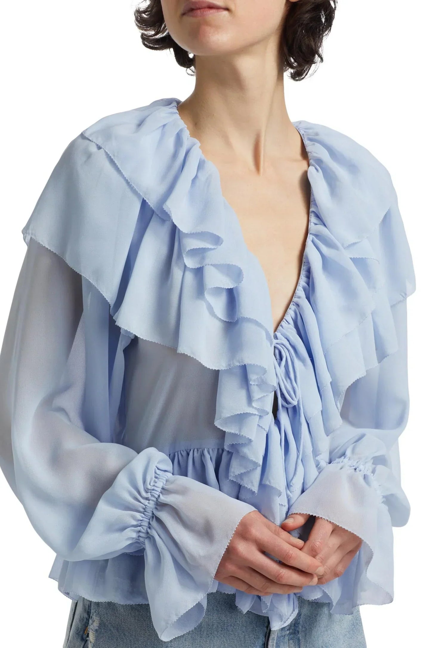| Sheer chiffon blouse with cascading ruffles