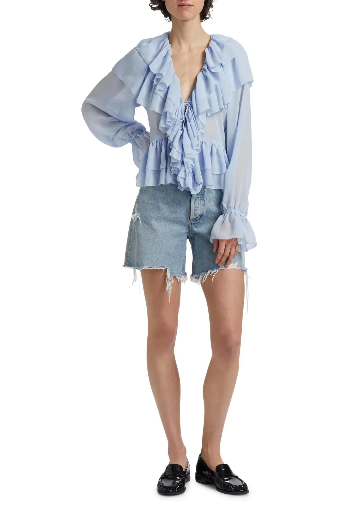 | Sheer chiffon blouse with cascading ruffles