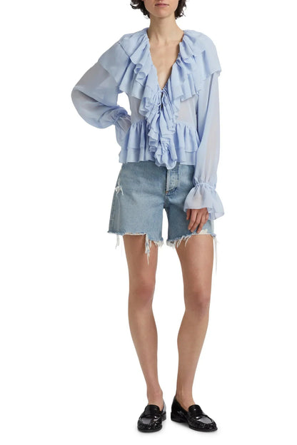 | Sheer chiffon blouse with cascading ruffles
