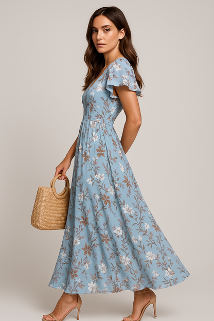 Floral V-Neck Maxi Dress | Butterfly Sleeves and A-Line Silhouette