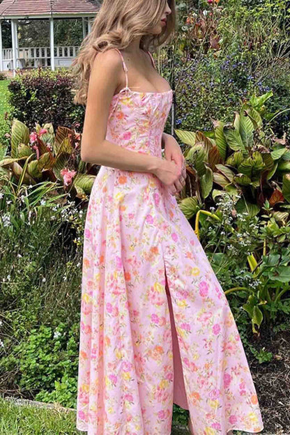 Floral Shoulder Straps Corset A-Line Dress