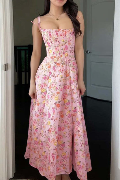 Floral Shoulder Straps Corset A-Line Dress
