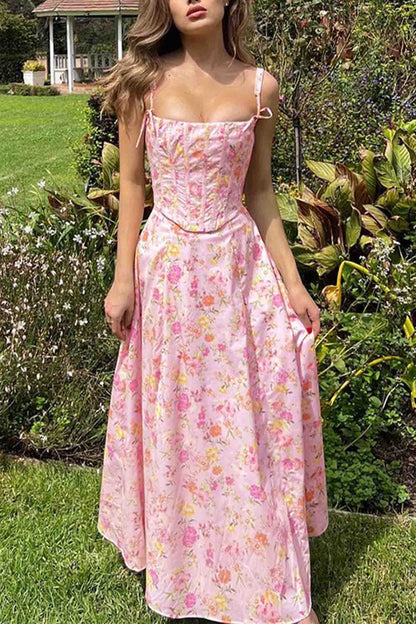 Floral Shoulder Straps Corset A-Line Dress