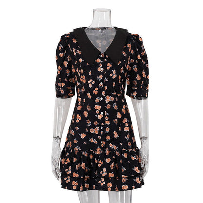 Floral Dress High Grade French Short Sleeve Collared Waist Tight Slimming Tea Break A line Dress