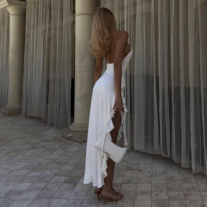 | Ruffle Trim Halter Midi Dress
