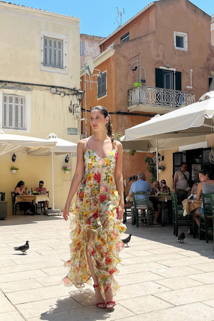 | Ruffled high-slit floral mesh gown