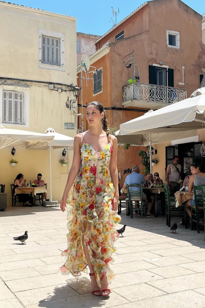 | Ruffled high-slit floral mesh gown