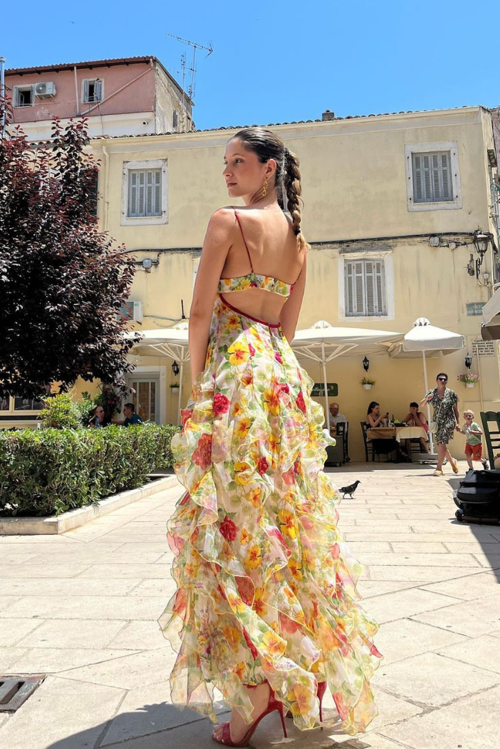 | Ruffled high-slit floral mesh gown