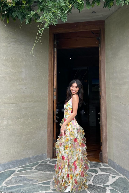 | Ruffled high-slit floral mesh gown