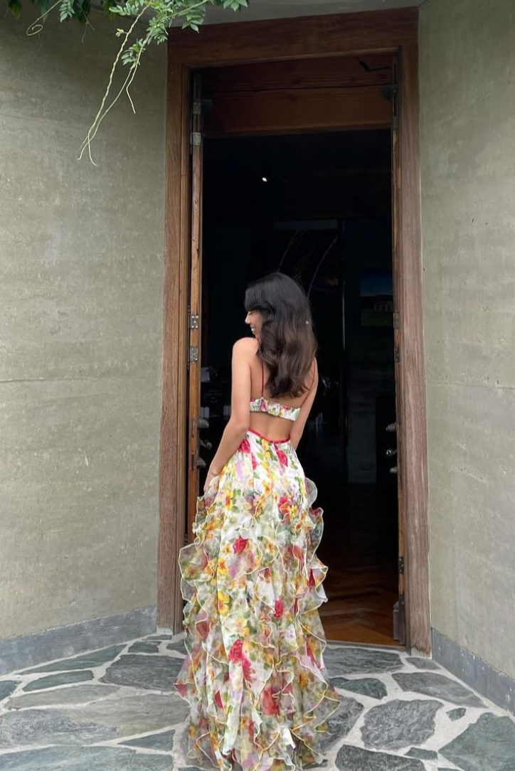 | Ruffled high-slit floral mesh gown