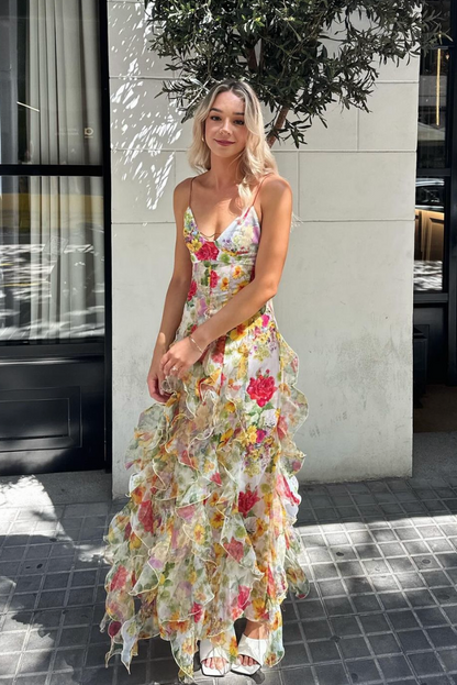 | Ruffled high-slit floral mesh gown