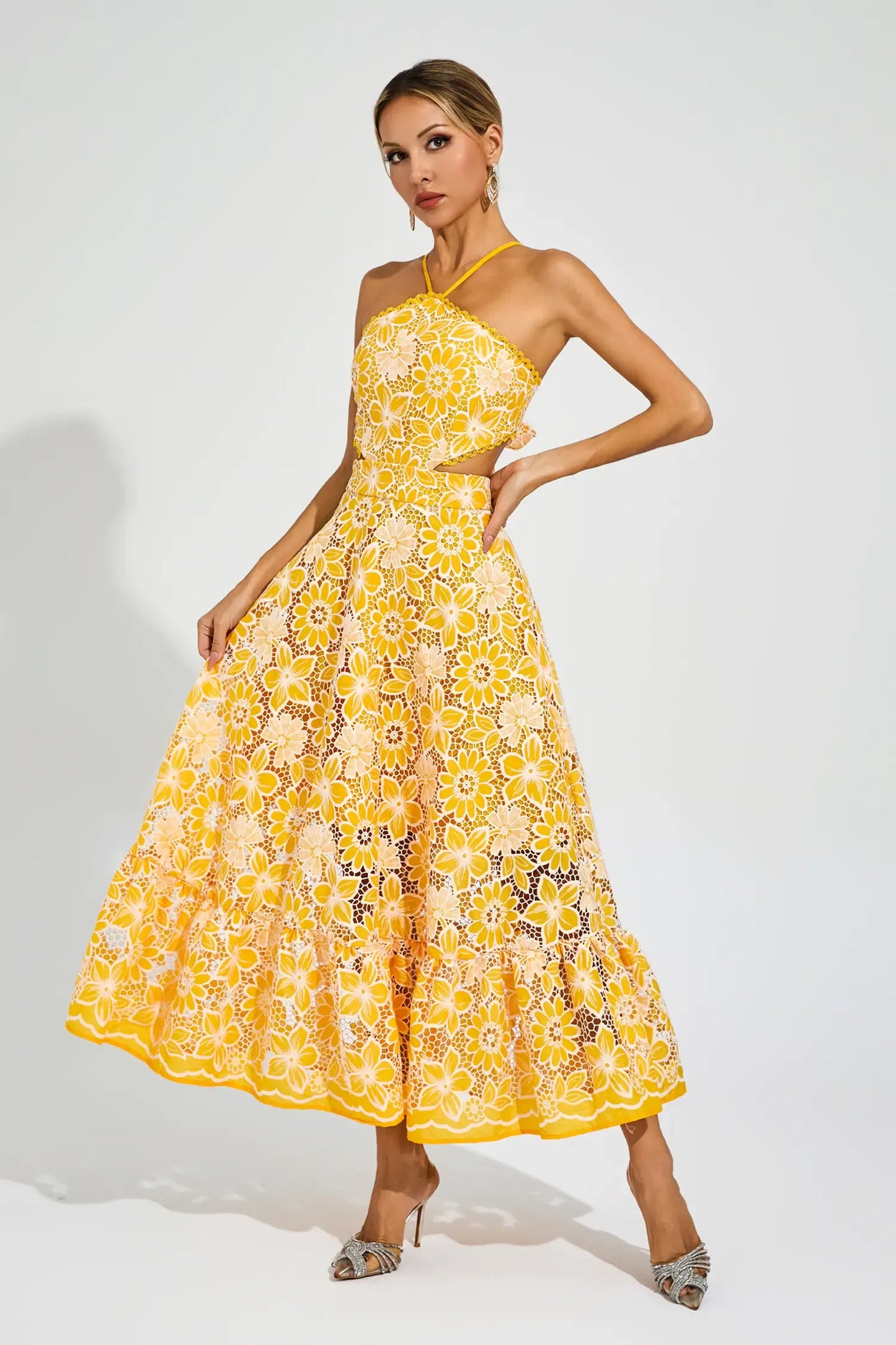 | Floral lace halter midi dress