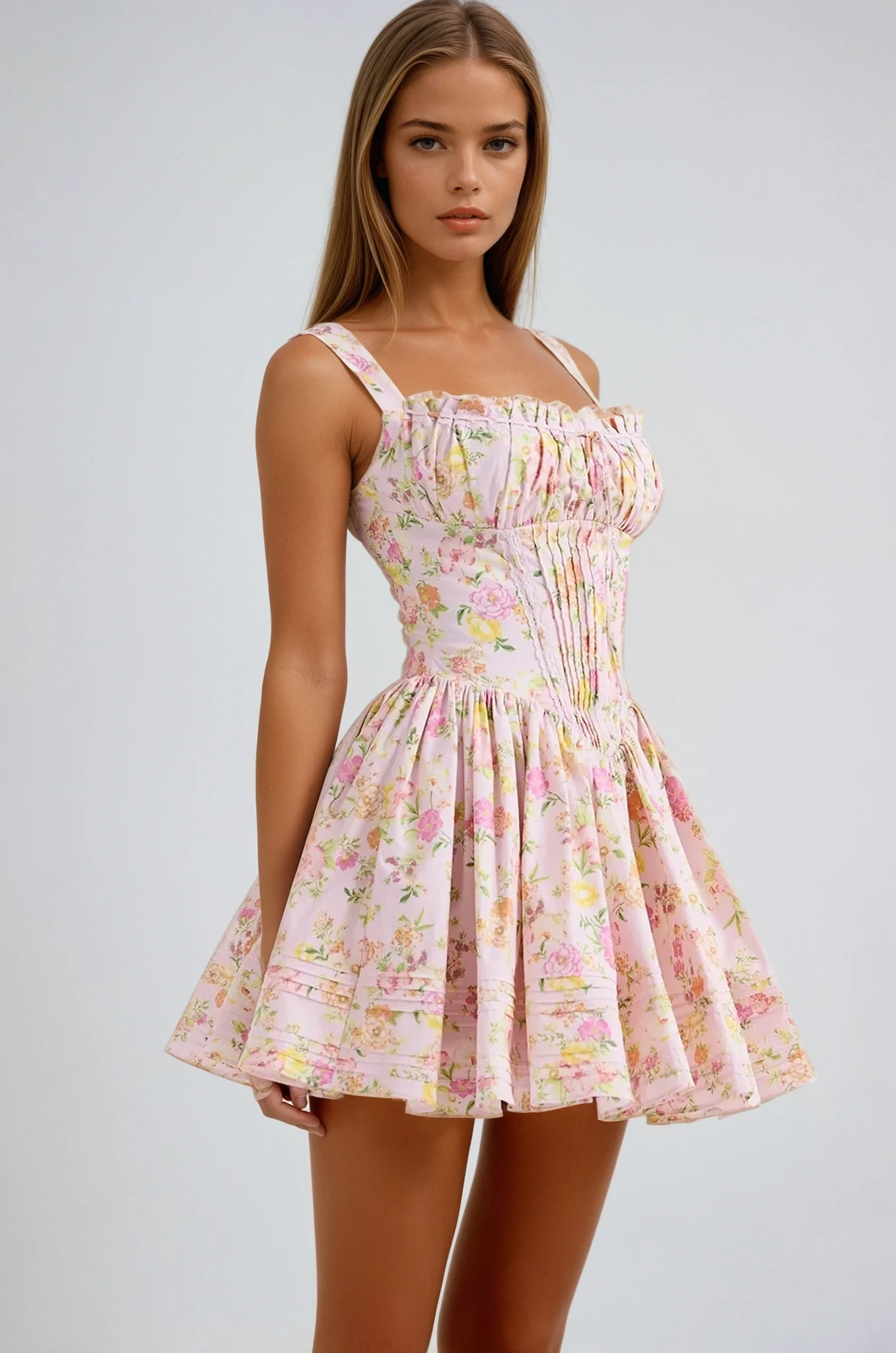 | Ruched Bodice Floral Mini Dress