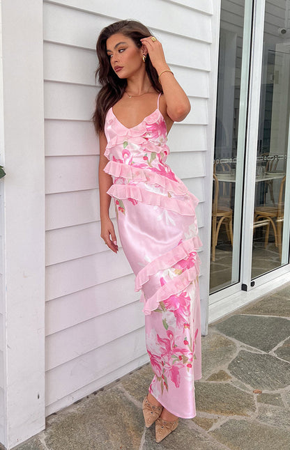 | Ruffle Trim Maxi Dress in Blush Petal Layers
