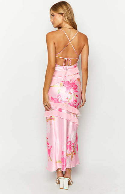 | Ruffle Trim Maxi Dress in Blush Petal Layers