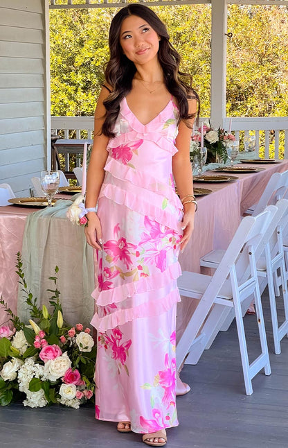 | Ruffle Trim Maxi Dress in Blush Petal Layers