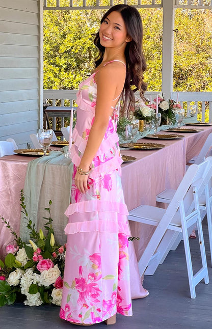 | Ruffle Trim Maxi Dress in Blush Petal Layers