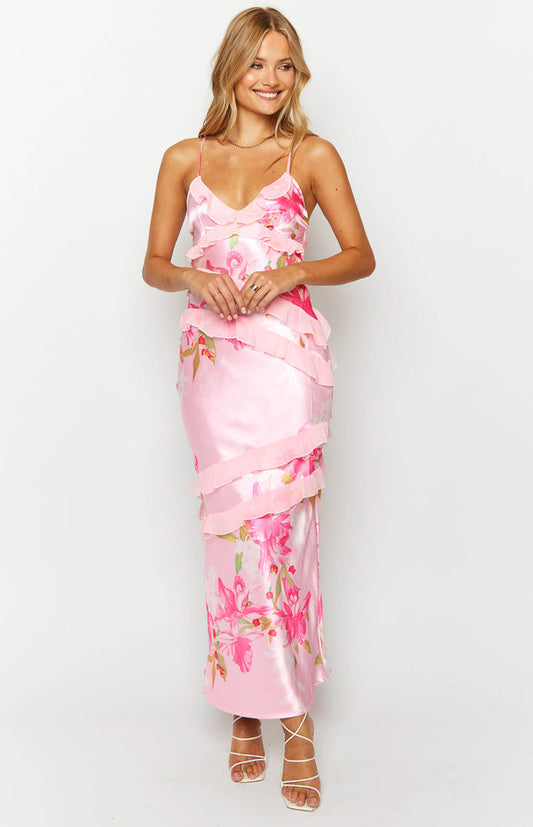 | Ruffle Trim Maxi Dress in Blush Petal Layers