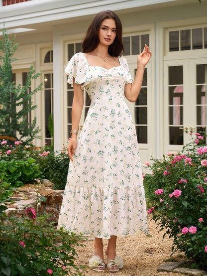 Flounce Sleeve Ruched Backless Floral Print Dress