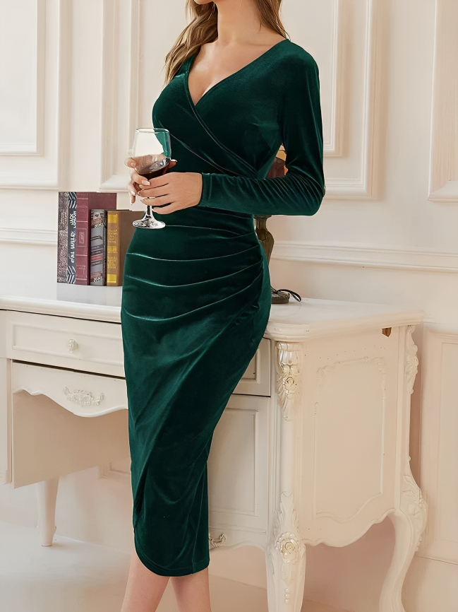 Velvet Wrap Front V-Neck Long Sleeve Ruched Tulip Hem Midi Dress