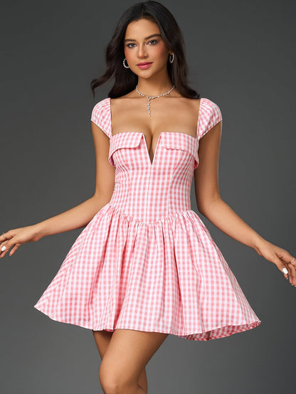 Fly Sleeve V-Neck Plaid Print Mini Dress