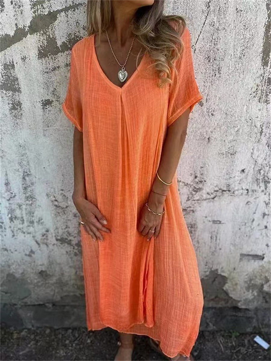 Linen Look Deep V-Neck Short Sleeve Relaxed Shift Maxi Dress