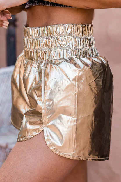 Glossy Shirred Waist Slit Shorts