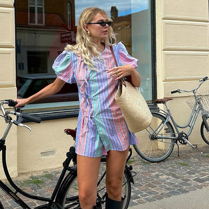 Fresh Casual V Neck Striped Printed Puff Sleeves Irregular Asymmetric Lace Up Dress