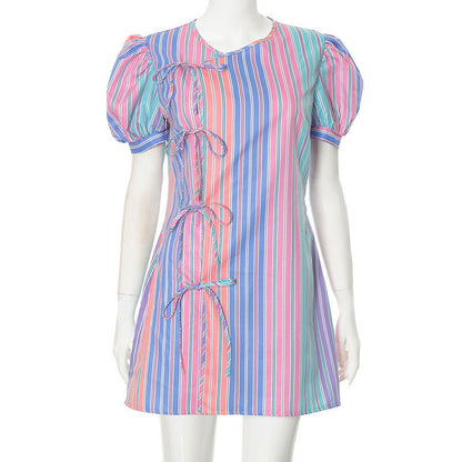Fresh Casual V Neck Striped Printed Puff Sleeves Irregular Asymmetric Lace Up Dress
