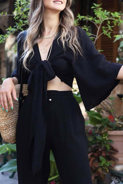 Front-Tie Bell Sleeve Pants Set