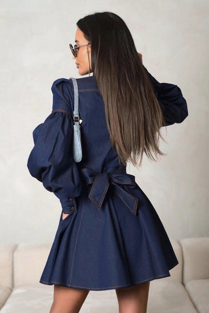 Mandarin Collar Puff Sleeve Button Front Denim Fit and Flare Mini Dress