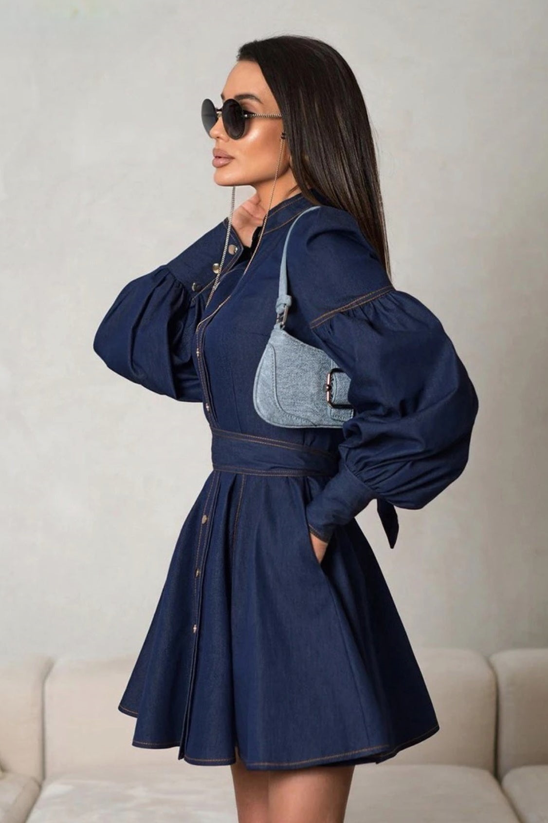 Mandarin Collar Puff Sleeve Button Front Denim Fit and Flare Mini Dress