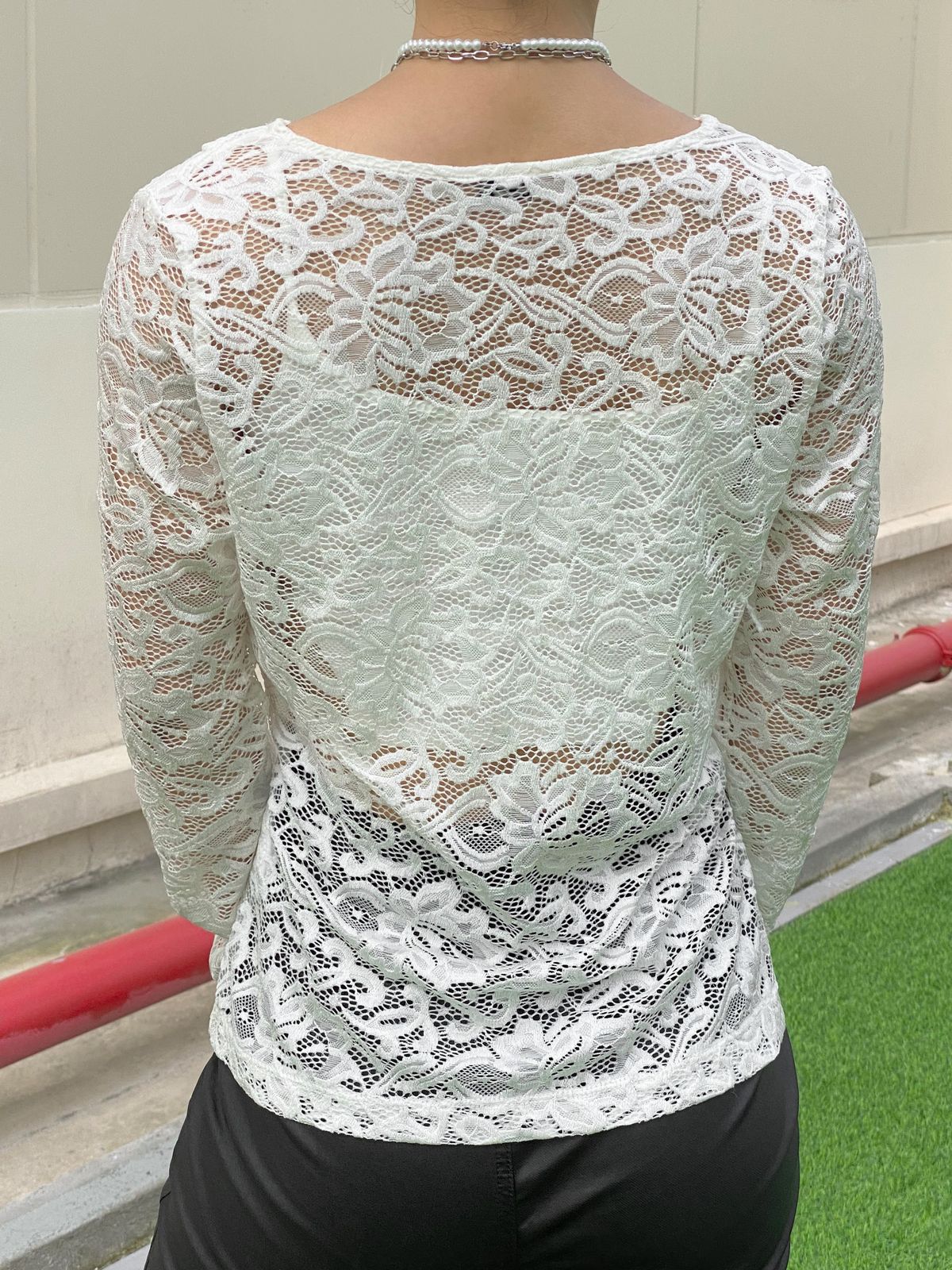V Neck Long Sleeve Sheer Lace Blouse
