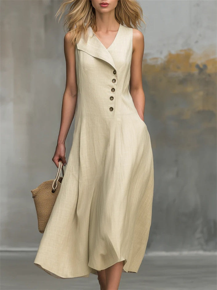Solid Color Button Midi Dress For Women