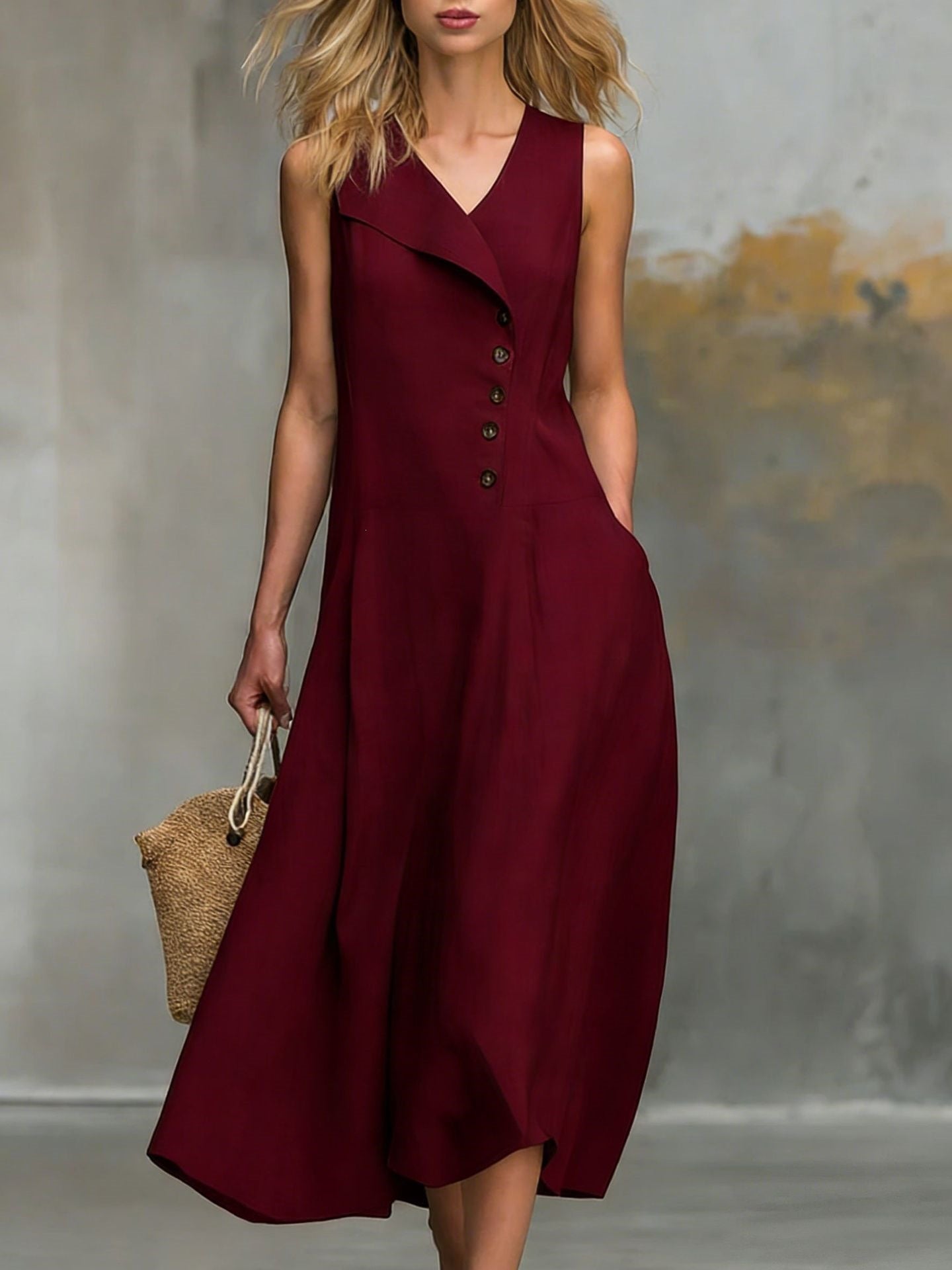 Solid Color Button Midi Dress For Women