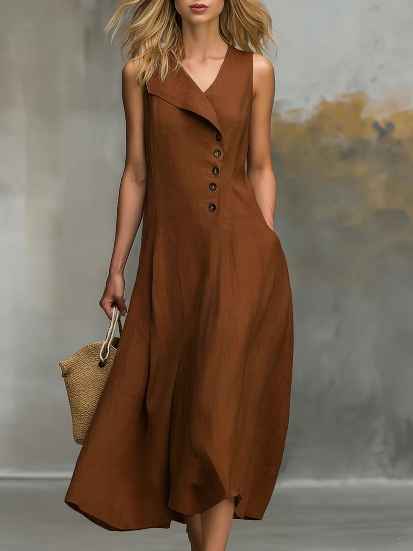 Solid Color Button Midi Dress For Women