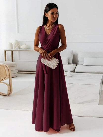 Satin Wrap V-Neck Tie Waist Sleeveless A-Line Maxi Dress