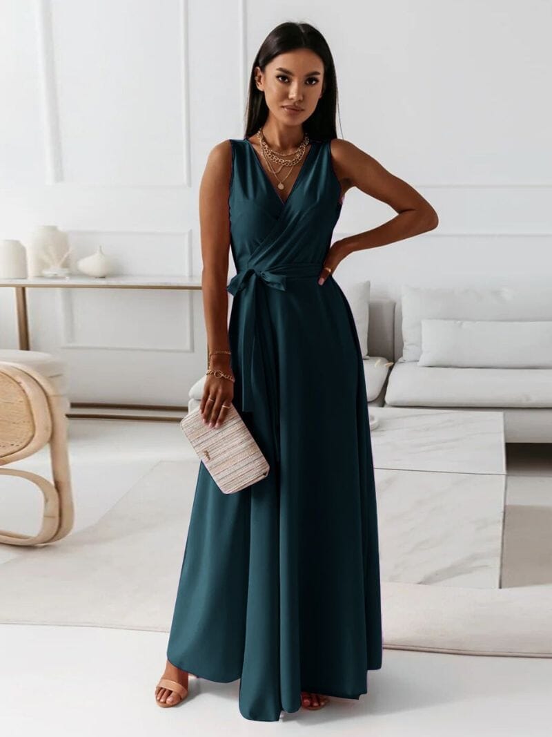 Satin Wrap V-Neck Tie Waist Sleeveless A-Line Maxi Dress